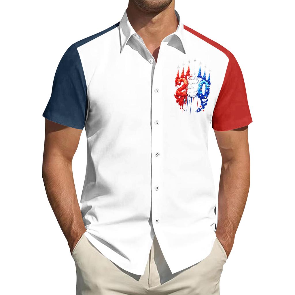 Top da Uomo Stampato per il Giorno dell'Indipendenza con Colletto Camicia Casual Sportiva a Maniche Corte da Uomo