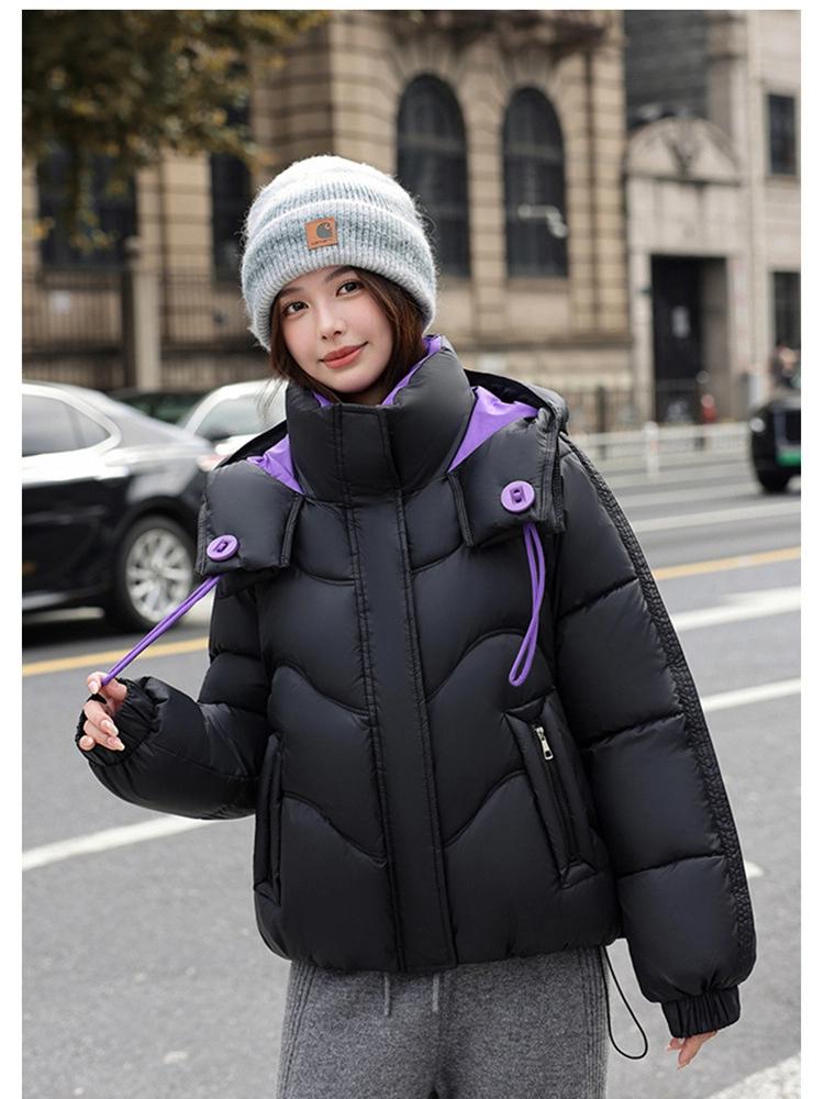 Women’s Short Color Contrast Hooded Windproof Thicken Warm Winter Jacket With Raglan Sleeves