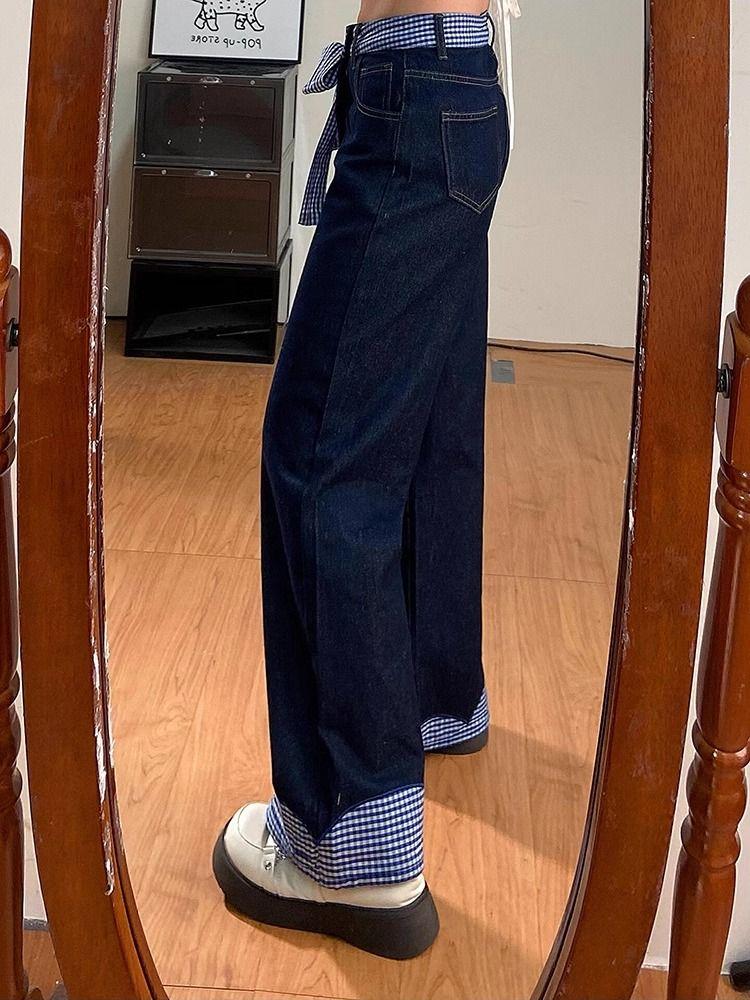Women Bow Plaid Patchwork Jeans High Waist Dark Blue Loose Casual Wide Leg Y2K Denim Pants
