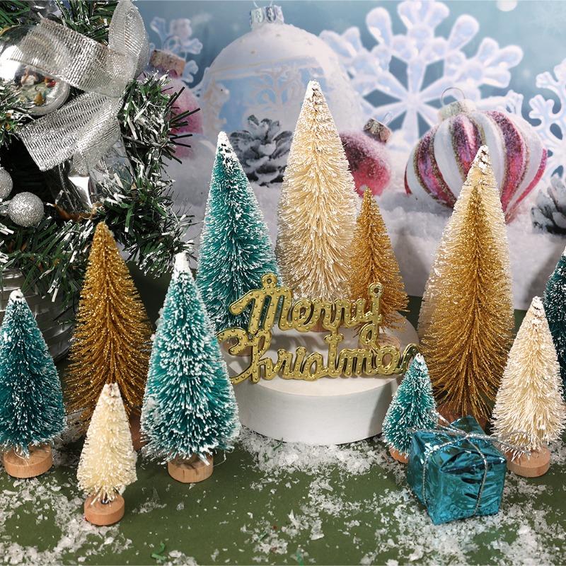 27/9pc Artificial Christmas Tree Artificial Miniature Pine Tabletop Tree Wood Base Xmas Ornaments Christmas Crafting Party Decor