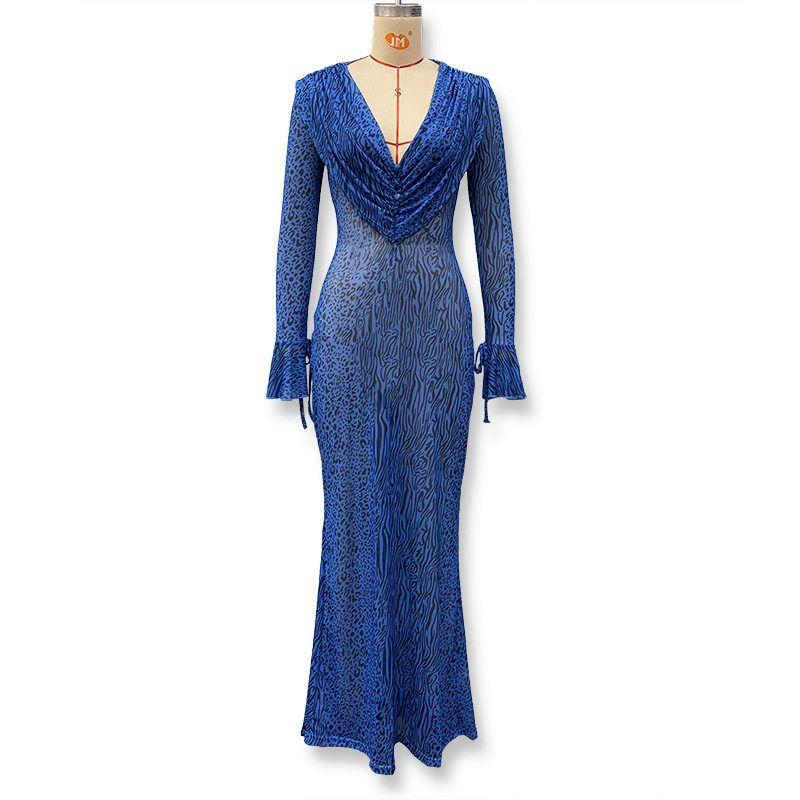 

Foreign Trade Autumn and Winter New European and American Women s Fashion Sexy Deep V-Neck Leopard Print Flared Long-Sleeve Bodycon Dress Blue S