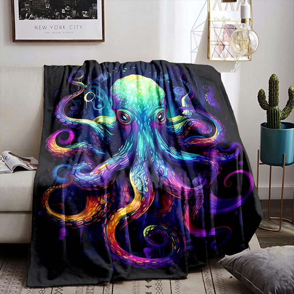 Colorful Octopus Print Flannel Throw Blanket - 100% Polyester Non-Woven Fabric, Digital Printing, Soft and Durable, Reversible