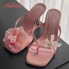 Aphixta High Heels Woman Mules Flip Flops Flower Summer High Heeled Women White Pink Floral Heels Square Toe Prom Slipper