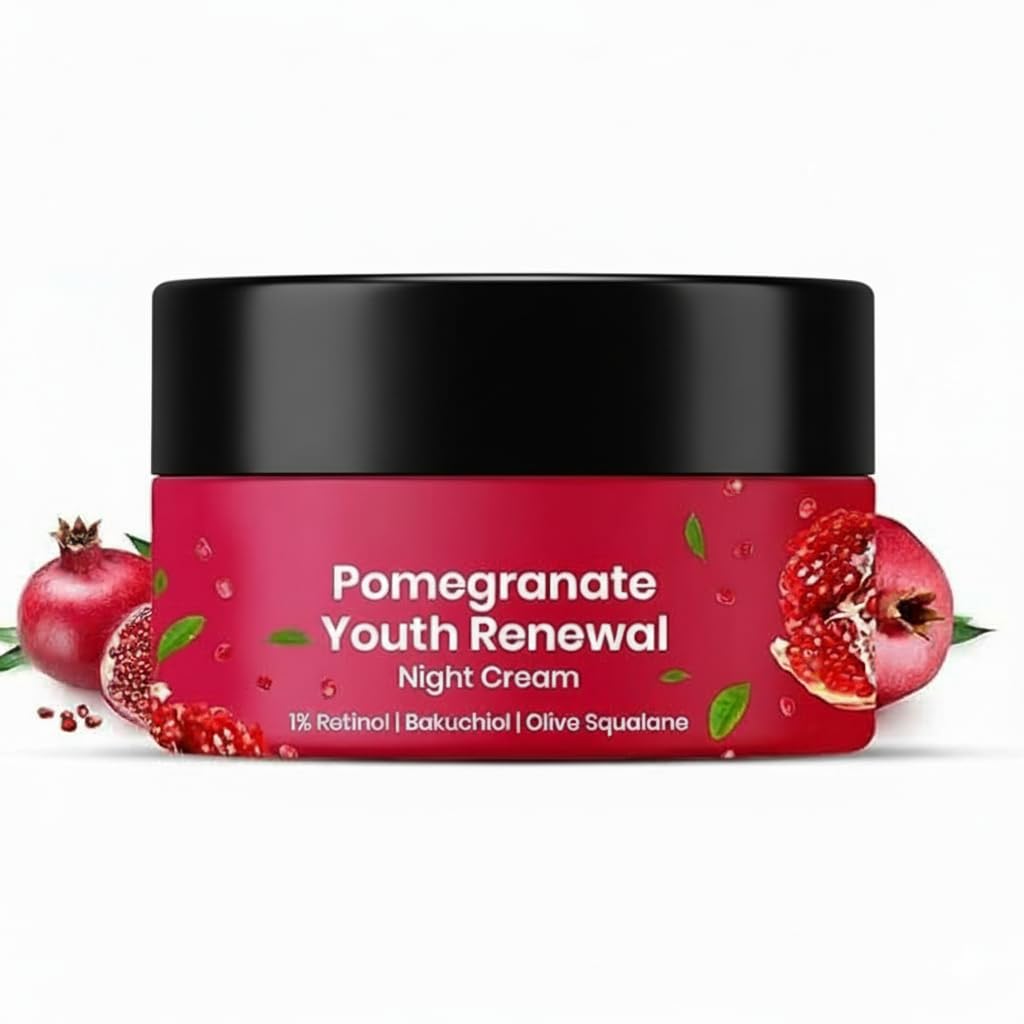 KAVYANJAL Pomegranate Youth Renewal Night Cream for Face - 1% Retinol, Bakuchiol & Olive Squalane - Hydrating & Nourishing Anti-Ageing Skin Cream -