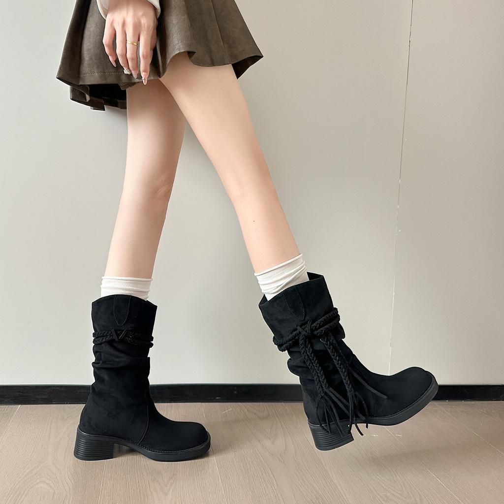 New Spot Fringed Hemp Rope Suede Thick Heel Short Boots Medium Heel Thick Sole Fashion Boots Women's 2025 Autumn New Model