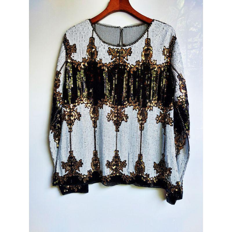

Топ с пайетками ручной работы с круглым вырезом, повседневная осенняя футболка Black White One size