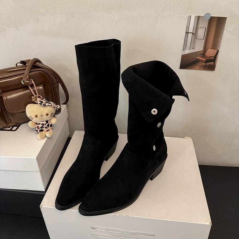Cowhide version short boots women's folded western short boots women's autumn and winter pointed thick heel thin fashion boots