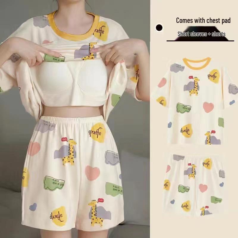 Korean Style Women's Cartoon Pajamas Set with Built-in Bra - Short-Sleeved, Loose, Plus Size, Summer Homewear