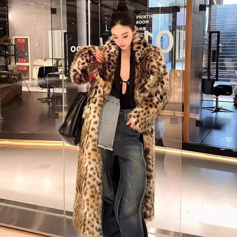 

New women s clothing winter imitation mink hair young fur coat women s long knee warm coat leopard print style XS