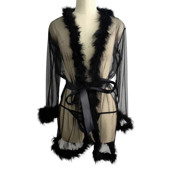 Dámská noční košile s plyšovým lemem Ultra tenký průsvitný volán ze síťoviny s nastavitelným zavazováním v pase Jednobarevné skládané Slutty Pyžamové oblečení na párty