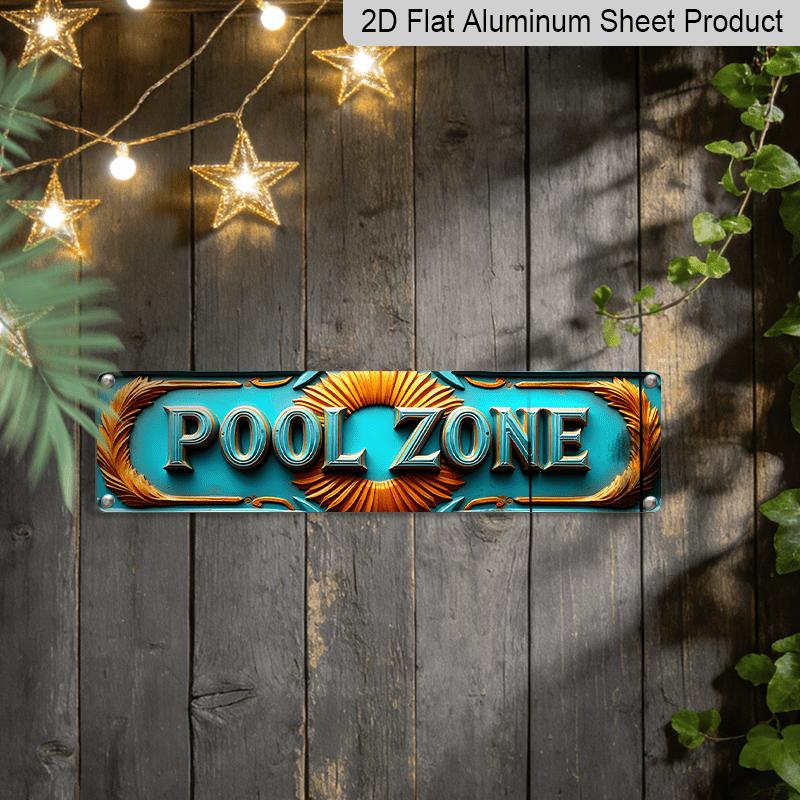 2D Flat, Large Turquoise & Golden Vintage Pool Zone Metal Sign - 15.7×3.94inch Retro Turquoise Blue Pool Table Wall Art with POOL ZONE Lettering