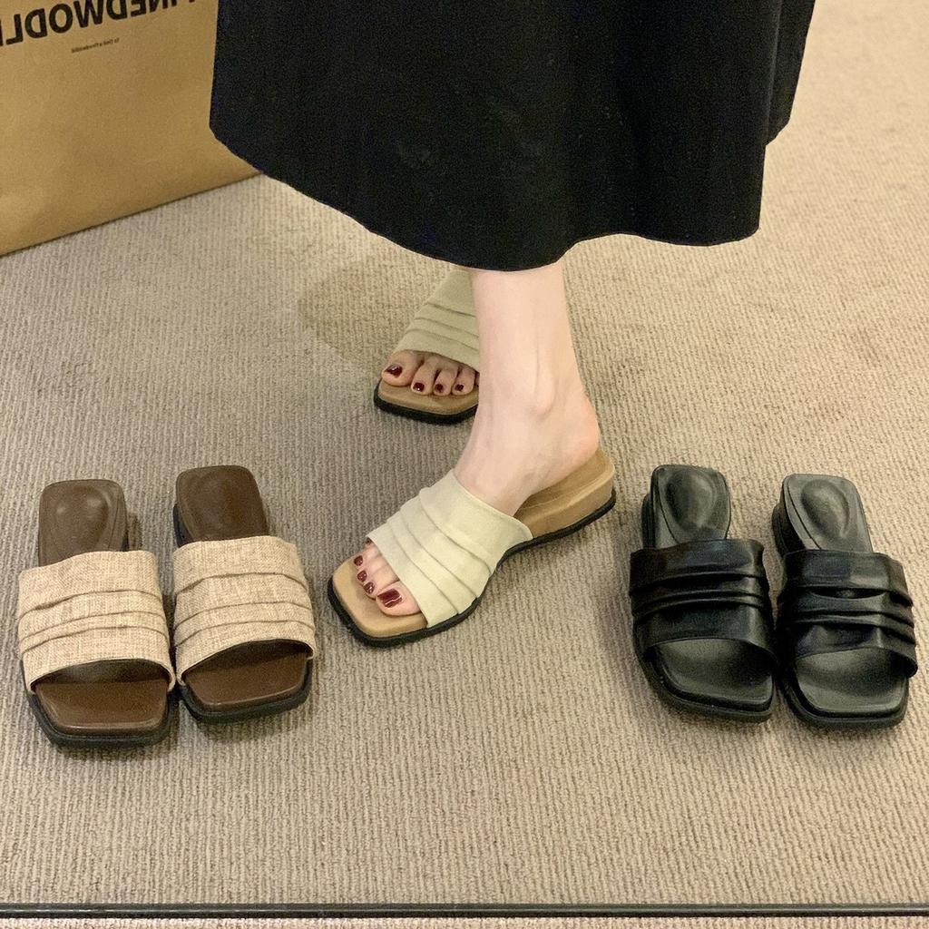 Wedge heel platform linen slippers women's summer wear new holiday with skirt one-word drag retro beautiful square head sandals
