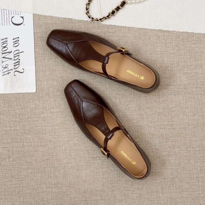 2025 New Women's Fashionable high quality and elegant  Leather Flats Soft Comfort Elegant Ladies Square Heel  Shoes