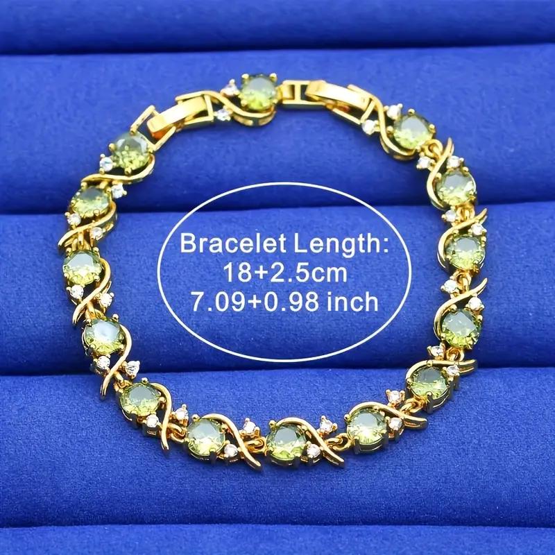 Elegant Vintage-Inspired  Golden Plated Bracelet With Olive Green Zirconia For Women Jewelry, Ideal For Valentine'S Day