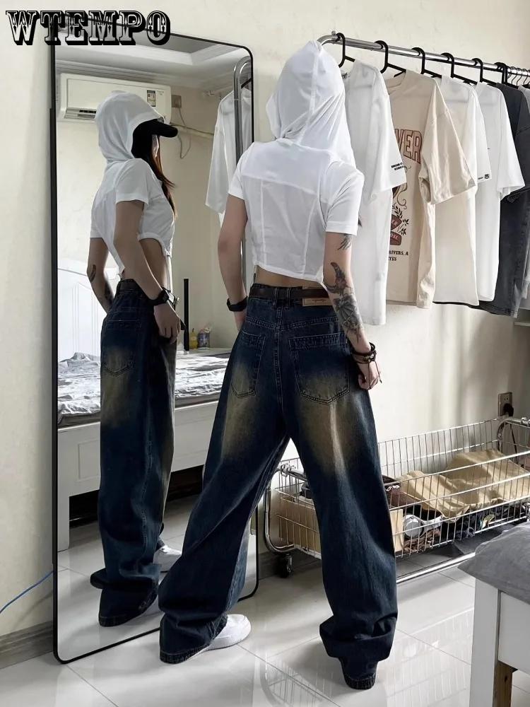WTEMPO Streetwear Style Blue Straight Vintage High Waist Jeans Pants American Retro Style Women Wide Leg Baggy Y2K Denim Trouser