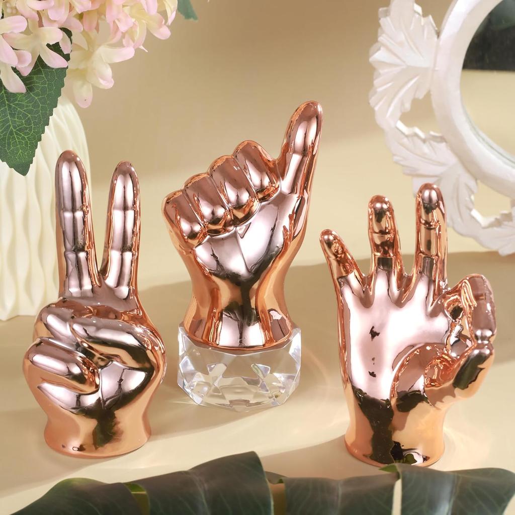 Set of 3 Hand Sign Gesture Showpiece Statue Collectible Figurines (Ceramic, Copper) for Home Decor Living Room Bedroom Wall Shelf Office Table