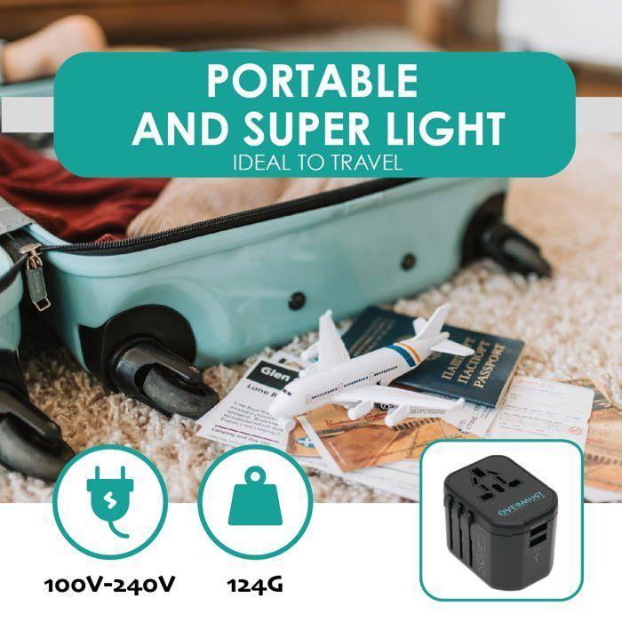 Adaptateur de voyage - OVERMUST - FOVMTA17869 - Prise universelle - 2 ports USB - Compact et léger
