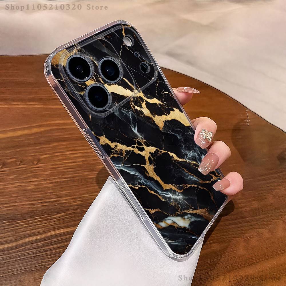 Black Gold Marble Art Phone Case iPhone17 16 15 14 13 12 11 Pro Max Plus Mini Clear Full Back Cover Silicone Soft Shell