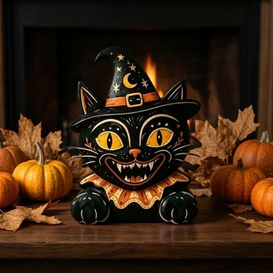 Cute Desktop Decoration Vintage Halloween Wooden Figurine, Rustic Witch Zombie Cat Owl Frog Tabletop Home Shelf Accents Ornament, Farmhouse