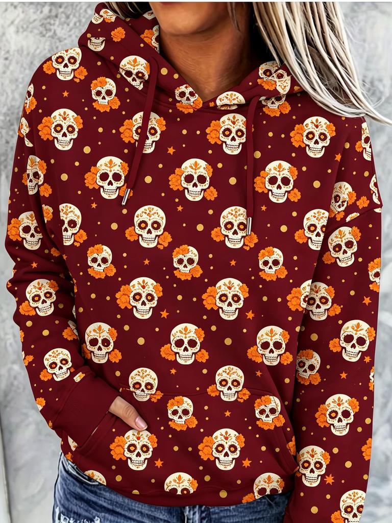 Women Fleece Hoodie Day Of The Dead Sugar Skull Marigold All‑Over Print Long Sleeve Drawstring Pocket Loose Hooded Sweatshirt