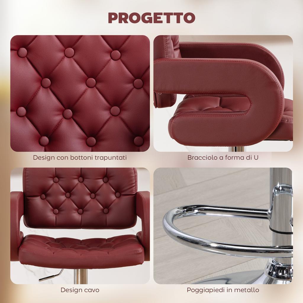 Sgabello da Bar con Schienale e Braccioli, Altezza Regolabile e Poggiapiedi, Ecopelle Rossa