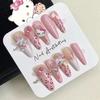 24Pcs Pink French Leopard Hello Kitty False Nails 3D Y2k Star Heart Kitty Cat Rhinestones Press On Nails Cute Cartoon Fake Nails