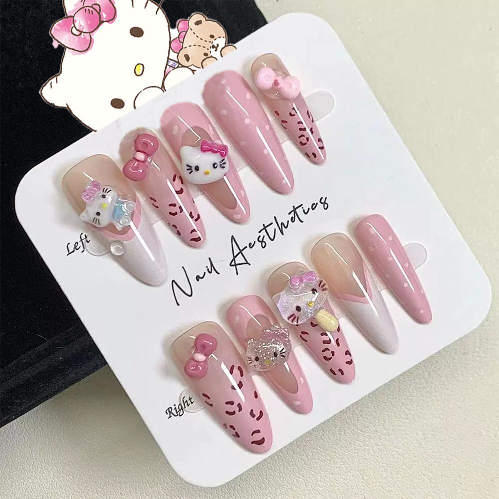 24Pcs Pink French Leopard Hello Kitty False Nails 3D Y2k Star Heart Kitty Cat Rhinestones Press On Nails Cute Cartoon Fake Nails