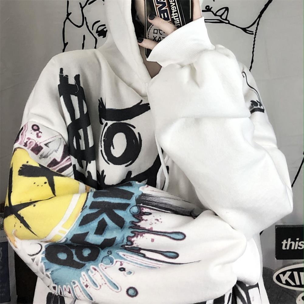 Goth Harajuku קפוצ'ונים נשים אנימה סווטשירט אוברסייז גרפיטי הדפס קריקטורה Streetwear