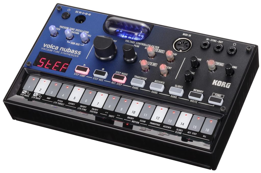 KORG volca nubass synthesizer bass machine with Nutube vacuum tube circuitry, a 16-step sequencer, built-in speaker, and headphone compatibility.