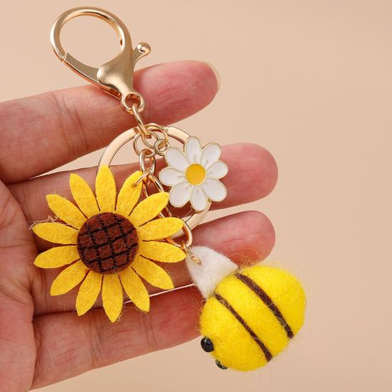 Keychain Vintage Bee Flower Design Handbag Pendant Bronze Buckle Faux Leather Charm Keyring Bags