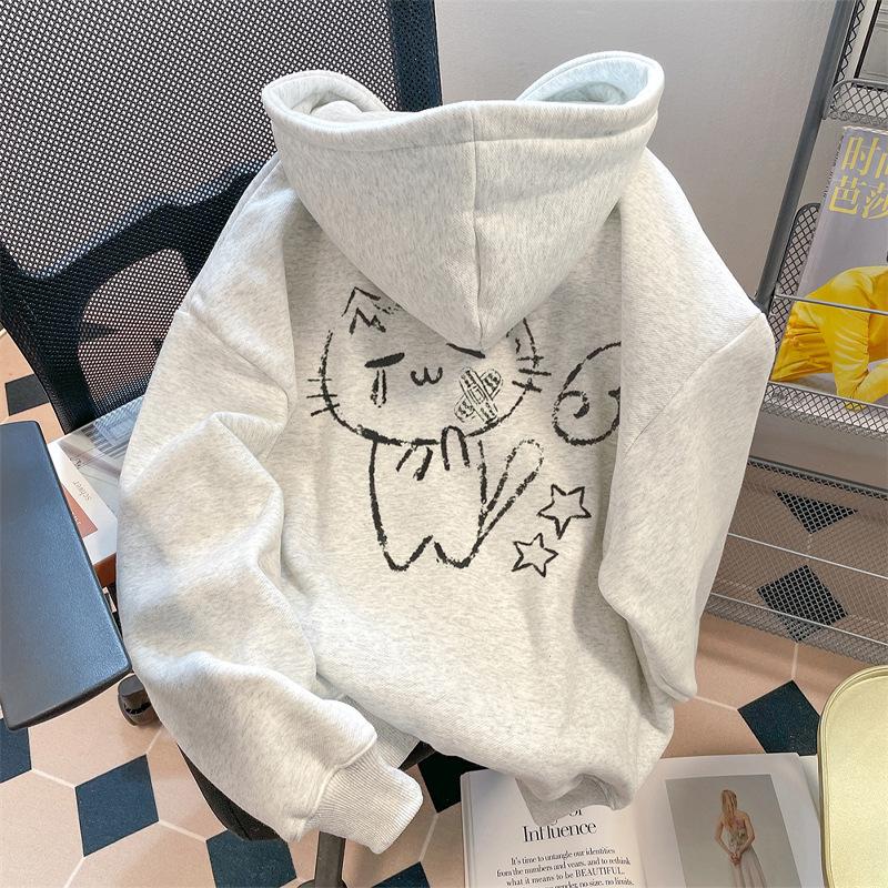 Hooded sweater American autumn and winter 2025 printed men s handsome fleece thickened casual women s jacket M