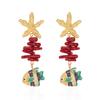 Boho Ocean Theme Cute Ceramic Fish Drop Earrings For Women Textured Starfish Red Coral Stacked Earring Beach Vacation Jewelry