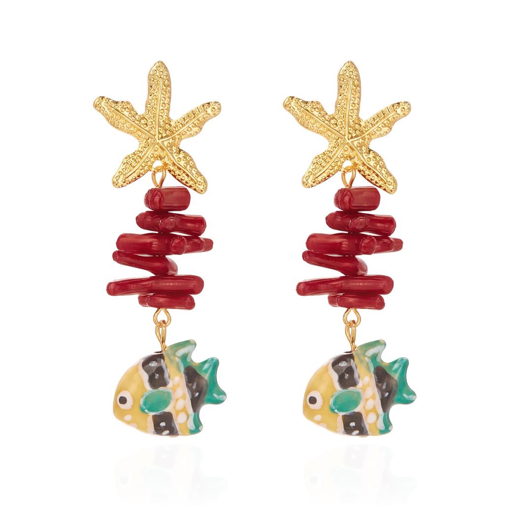 Boho Ocean Theme Cute Ceramic Fish Drop Earrings For Women Textured Starfish Red Coral Stacked Earring Beach Vacation Jewelry