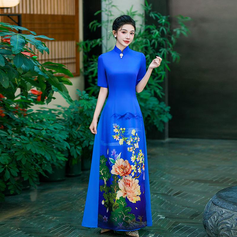 2025 Summer Blue Ao Dai-Inspired High-End Cheongsam Dress for Runway and Evening Wear