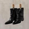 Krazing Pot Cow Skin Winter Square Toe Size 42 Square Heels Metal Buckle Women Zipper Chelsea Boots Women Pleated Decoration Ankle Boots