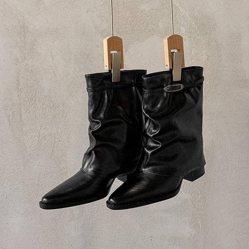 Krazing Pot Cow Skin Winter Square Toe Size 42 Square Heels Metal Buckle Women Zipper Chelsea Boots Women Pleated Decoration Ankle Boots