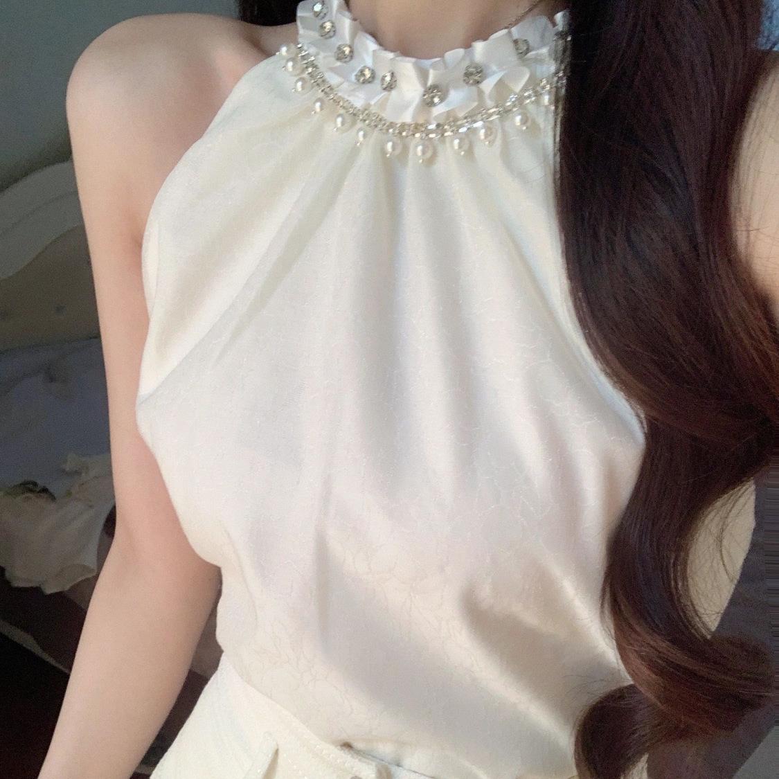 Women s French Chic Rhinestone Halter Top & High-Waisted Jacquard Shorts Set, Summer 2026 XS