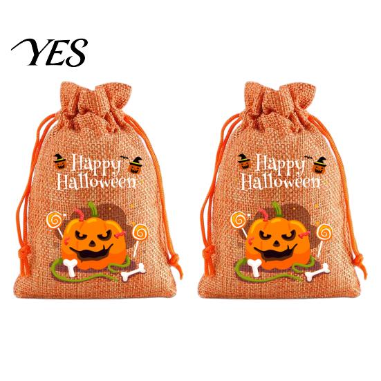 Trick or Treat Party Souvenirs 2Pcs Halloween Pumpkin Drawstring Bags for Candy Treats, Retro Burlap Cute Ghost Theme Pouches Bags, Portable
