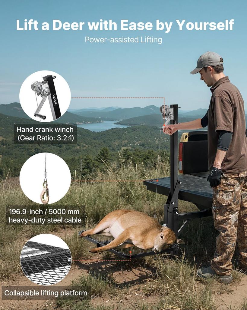 Hitch Deer Hoist with Lifting System Platform, 300 lbs Load Capacity, Game Hoist Winch Lift with 2-inch Receiver, 360-Degree Swivel Shaft & Foldable,