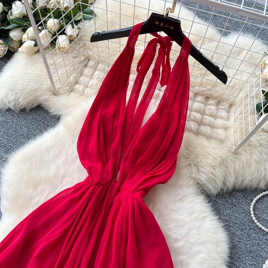 Holiday style dress summer French pure desire V-neck neck sling waist temperament backless chiffon dress