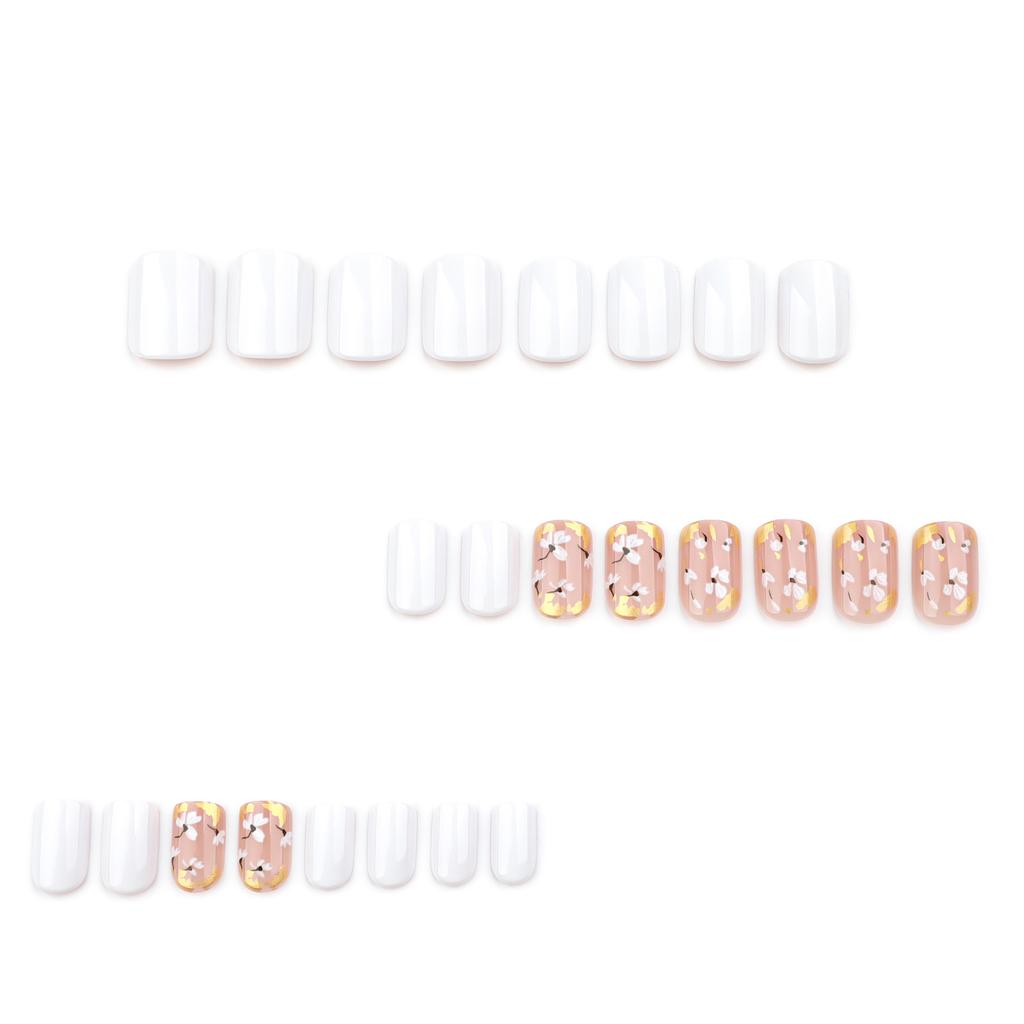 24pcs Simple White Flower Wear Nail Spring Nail Art Fake Nail Short Square Gold Foil Nail Sheet