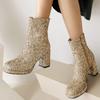 Fashion Luxury Sequined Women Ankle Boots Gold Silver Block Heels Short Boot Female Zipper Autumn Winter Party Shoes Ladies Large Size
