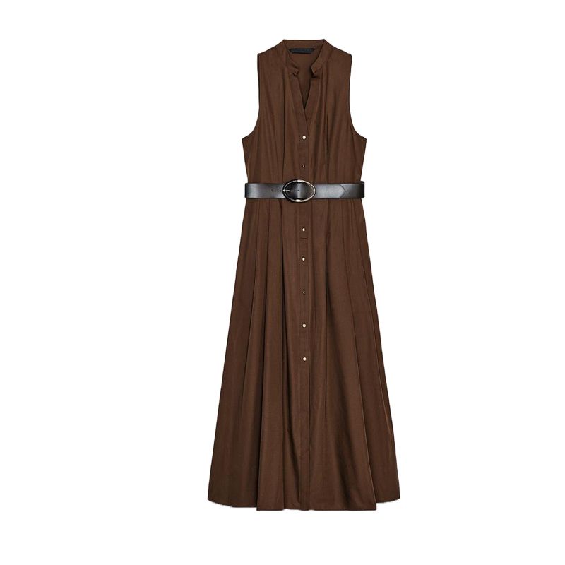 Spring and Summer New Women's Clothing Single-Breasted Pleated Decoration with Belt V Neck Sleeveless Midi Skirt Dress 5029101