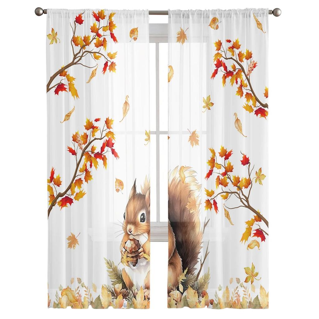 Fall Squirrel Maple Leaf Tulle Curtains For Living Room Sheer Curtain For Bedroom Window Blinds Voile Curtains