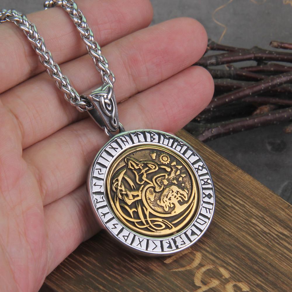 Rotating Wolf Viking Rune Necklace Stainless Steel Chain Tree of Life Pendant Men Gift with Wooden Box