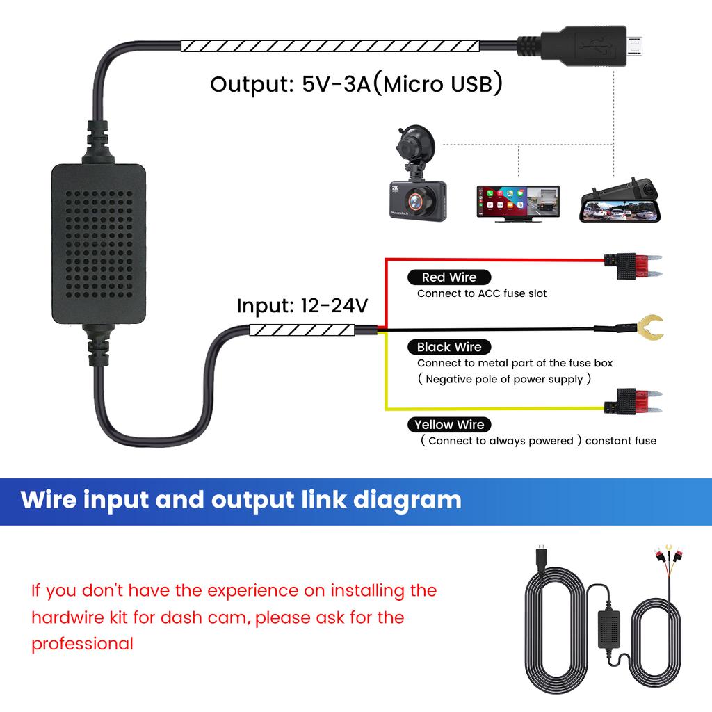 3A for Universal Car Dash Cam Step-Down Line Auto DVR 12-24v Hardwire 3.5m Cable Kit Mini Micro USB C Charger 5V Dashcam Camera
