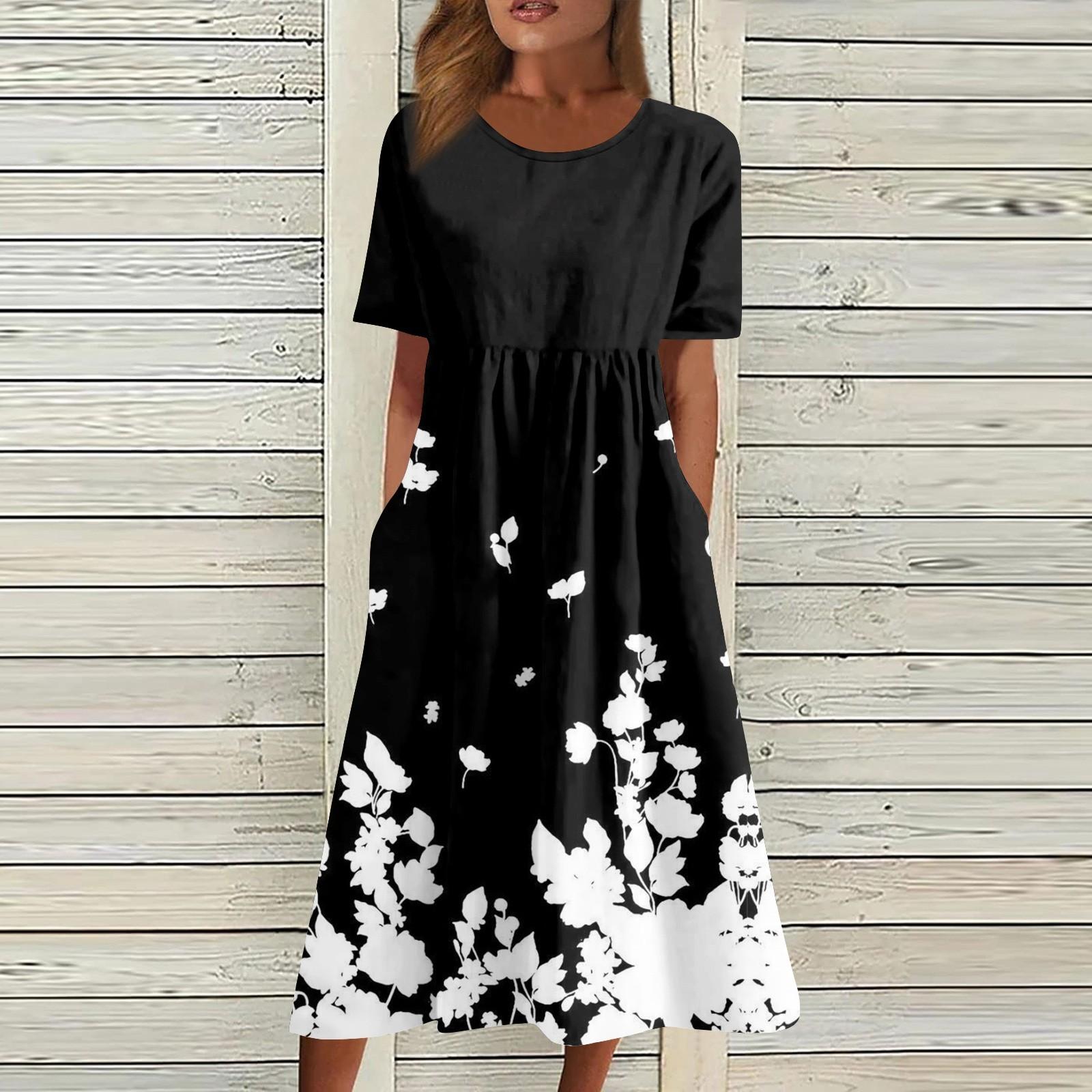 

Жіночі вільні літні сукні міді в стилі бохо з квітковим малюнком і кишенями для відпочинку на пляжі M чорний