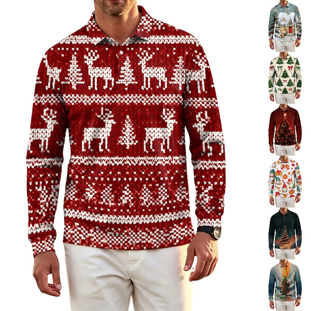 Men's Golf Shirt Long Sleeve Casual Christmas Print Quick-Dry Mesh Top