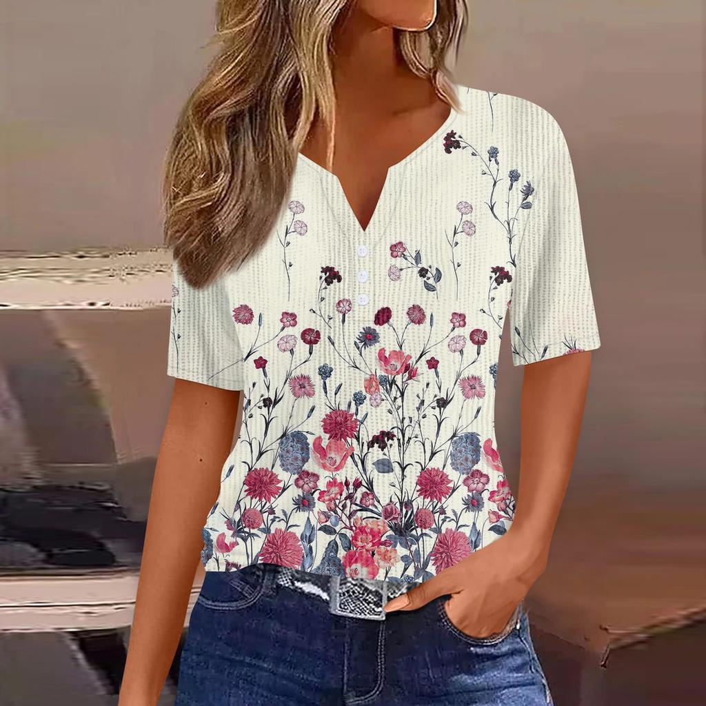 T Shirts For Women Pleated V Neck Dressy Casual Blouses Printing Short Sleeve Summer Tops Loose Fit
