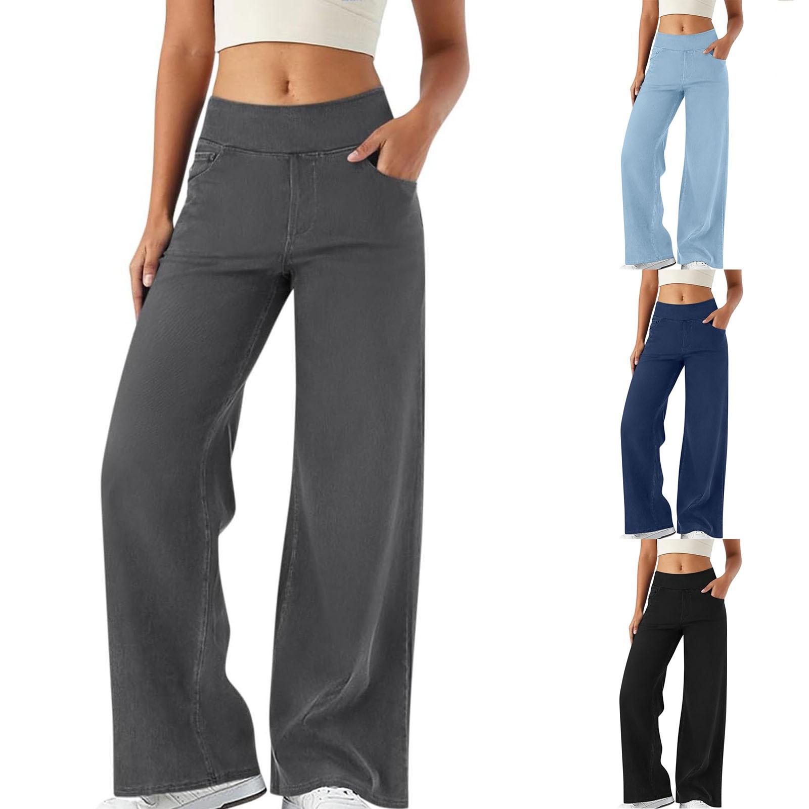 

Women High Waisted Wide Leg Jeans Stretch Jeans Wide Straight Leg Stretchy Baggy Fashion Loose Denim Pants Summer XL небо синє кольору